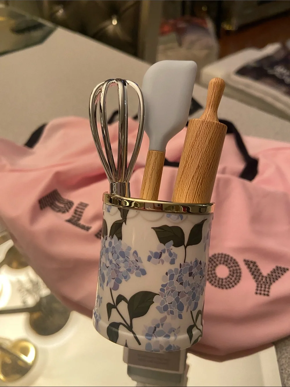 Floral Ceramic Utensil Holder - Blue Hydrangea wallflower light up